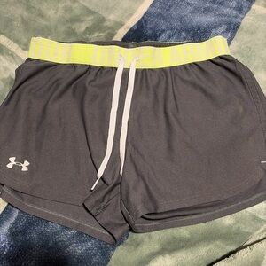 Under Armour Women's Gray Athletic Shorts with Neon Yellow Waistband